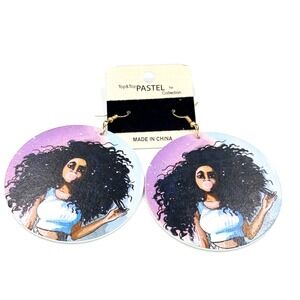 Modern Girl with Curly Hair Blowing Bubble Gum Dangle Hook Earrings‎ NEW